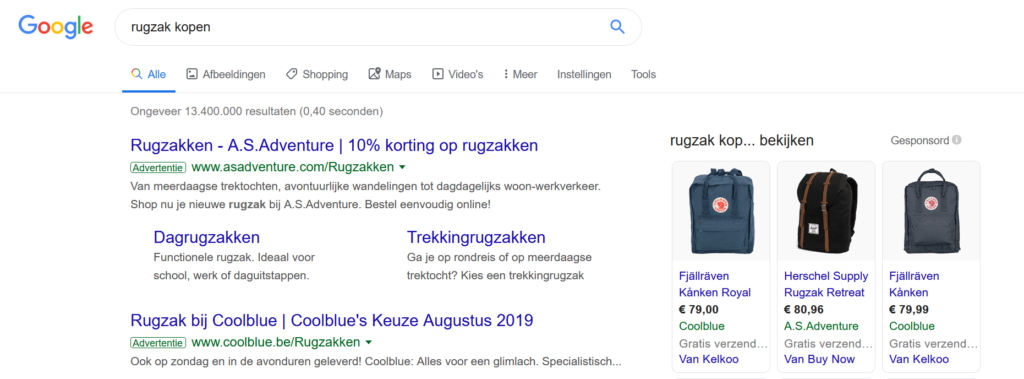 Voorbeeld van een Google ad bovenaan de zoekresultaten